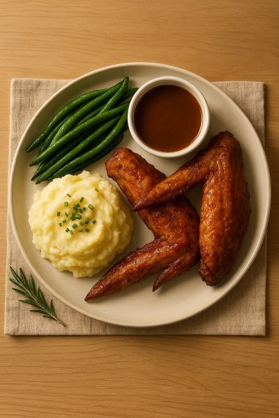Overhead shot of turkey wings, mashed potatoes with chives, green beans, and gravy on a set table.