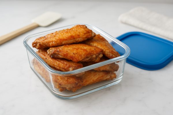 Neatly arranged turkey wings in a glass meal prep container on a marble counter, lid and spatula nearby.
