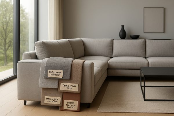A modern sectional couch draped with a variety of labeled high-performance fabric swatches in a bright, open living room.