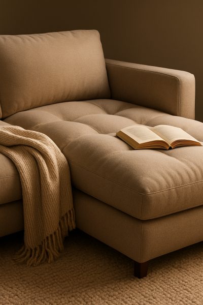 A chaise lounge with thick memory foam cushions, styled with a knit throw and open book, in soft, warm lighting.