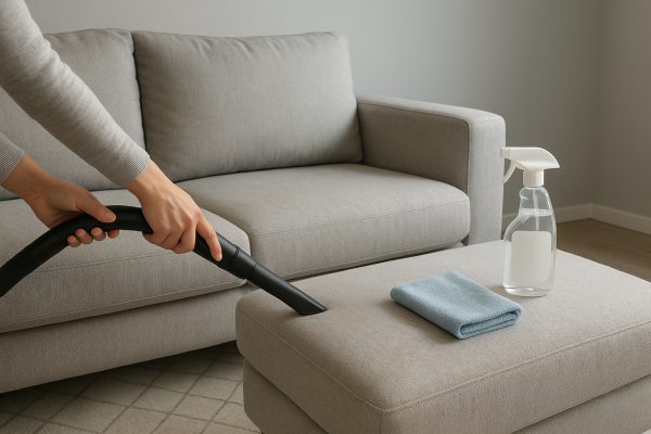 Hands using a vacuum attachment on a sectional couch, with a spray bottle and microfiber cloth on an ottoman in a clean living room.
