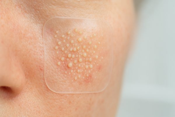 Extreme macro of a hydrocolloid patch on skin, showing absorbed fluid beads and seamless skin contact.