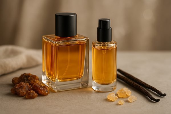 Modern amber perfume oil and spray with labdanum resin, vanilla pods, and benzoin on a stone surface.
