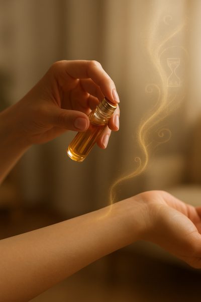 Graceful hand applying amber perfume, with golden vapor trail and soft blurred home background.