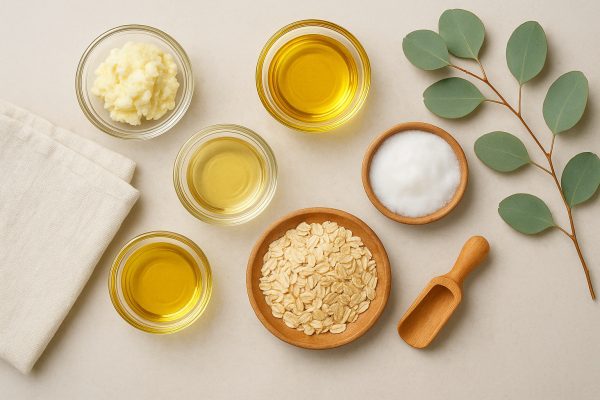 Flat lay of premium natural beard shampoo ingredients, including oils and botanicals, on a pale stone surface.