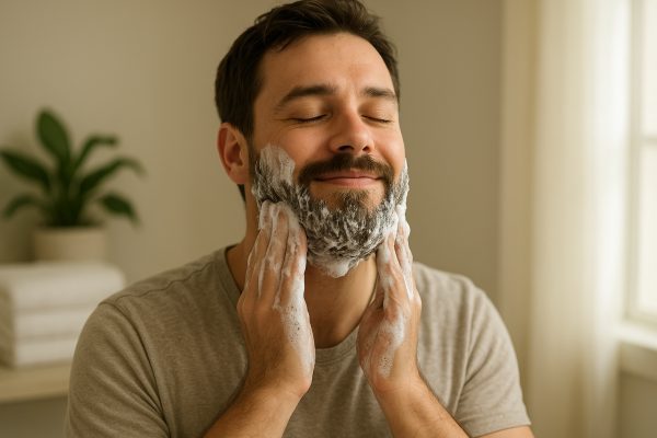 Man with medium beard massaging moisturizing shampoo, creamy lather, serene bathroom setting.