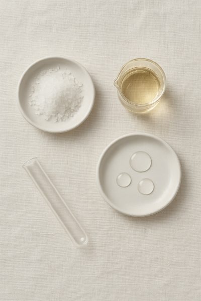 Flat lay of BHA exfoliant key ingredients with glassware and ceramic, emphasizing textures and clarity on linen.