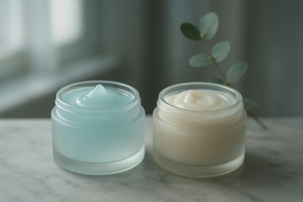 Two BHA exfoliants, gel for oily skin and creamy for sensitive skin, in frosted glass pots on marble, with a eucalyptus accent.