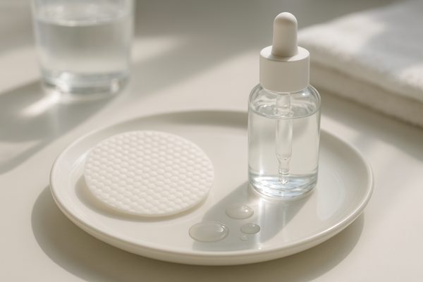 BHA exfoliating pad and liquid dropper bottle on glossy ceramic, with visible pad texture and droplets.
