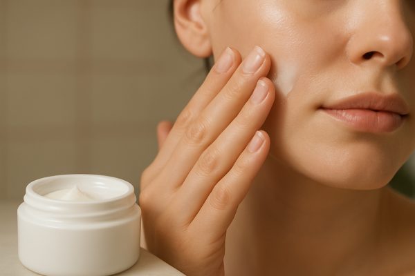 "Close-up of hands patting BHA exfoliant onto the face, moisturizer jar nearby, with soft, neutral bathroom background.