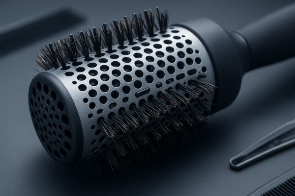 Extreme close-up of a premium blow dry brush showing perforated hybrid barrel and advanced technology.