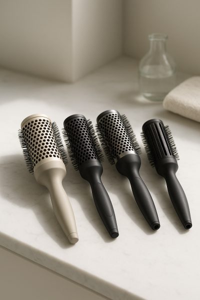 Four blow dry brushes with varied barrel materials and handle designs on a marble vanity.