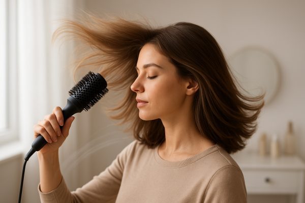 Person using a blow dry brush to lift and shine mid-length hair, with a focus on technique.