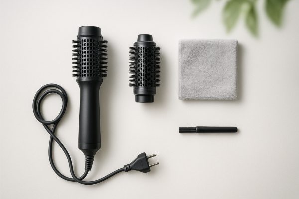 Flat lay showing a blow dry brush with detached parts and cleaning tools on a white surface.