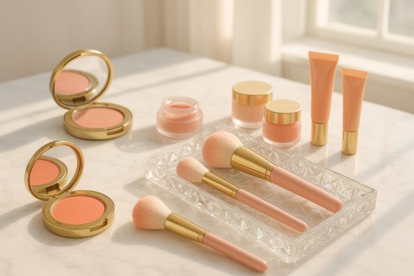 Open blush compacts, cream pots, and liquid tubes in pastel tones arranged with gold brushes on a marble vanity and glass tray.