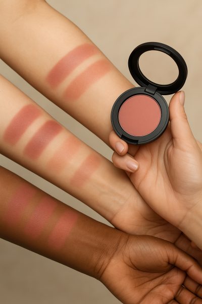 "Diverse arms with blush swatches in rose, berry, peach, and mauve, one hand holding a blush compact, soft beige background.