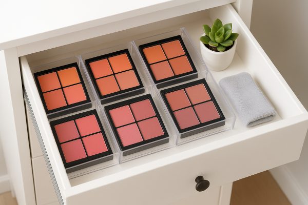 Drawer with acrylic dividers holding open blush palettes, a folded microfiber cloth, and a small succulent.