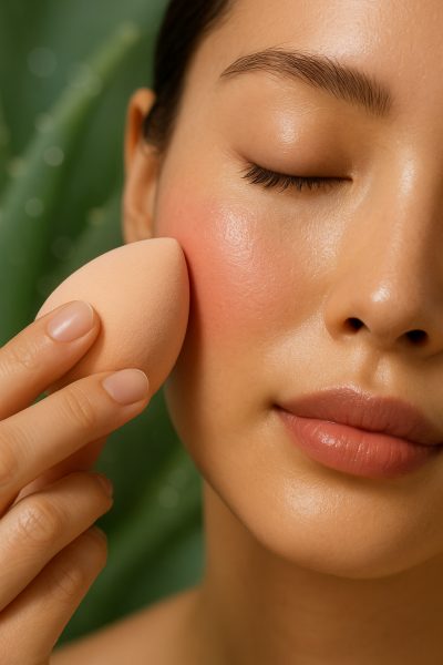 Cream blush applied with a sponge to a glowing cheek, with blurred aloe and water droplets in the background.