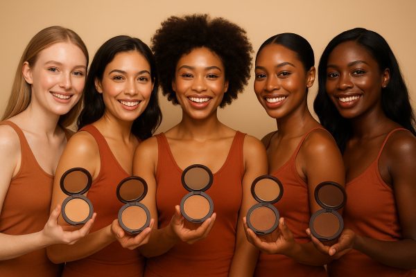 A joyful, diverse group of women of all skin tones displaying open bronzer compacts in various shades.