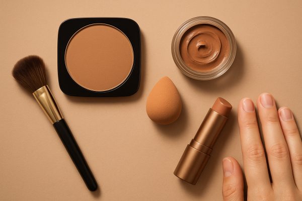 Pressed powder, cream, and stick bronzer with application tools on a sand-toned surface, textures highlighted.