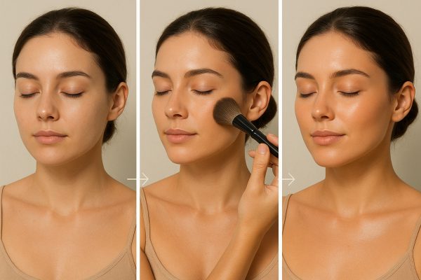 Three-panel tutorial showing a woman before, during, and after bronzer application for a radiant effect.