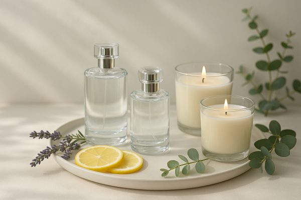 Translucent perfume bottles and soy candles with lavender, lemon, and eucalyptus on a ceramic tray in gentle sunlight.