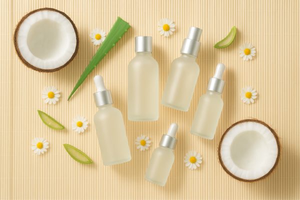Flat lay of frosted glass and aluminum skincare bottles with coconut, aloe, and chamomile on a bamboo mat in soft light.
