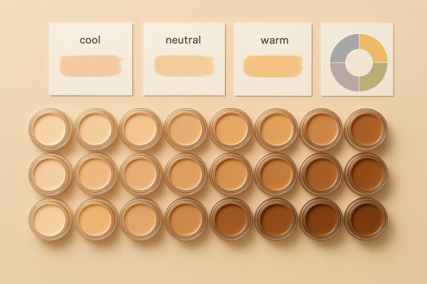 Flat lay of concealer pots in a seamless gradient, undertone swatches, and a color wheel for skin tones.