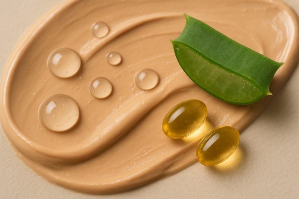 Macro of creamy concealer texture with hyaluronic acid drops, aloe vera leaf, and vitamin E capsules.
