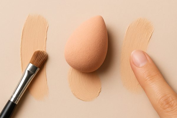 Overhead of brush, sponge, and fingertip blending concealer on palette, showing technique differences.