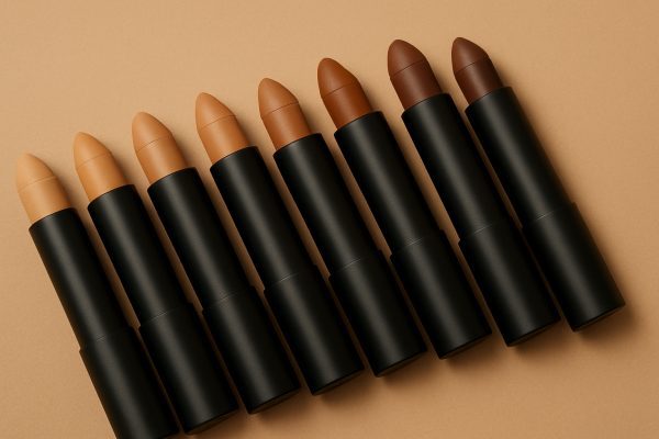 Assortment of contour sticks in inclusive shades on a warm beige background.