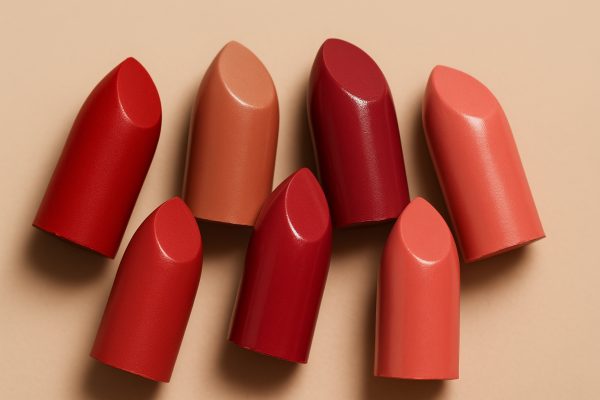 Ultra-sharp close-up of lipstick bullets in classic and trendy shades, each finish clearly visible, arranged elegantly on a matte beige surface.