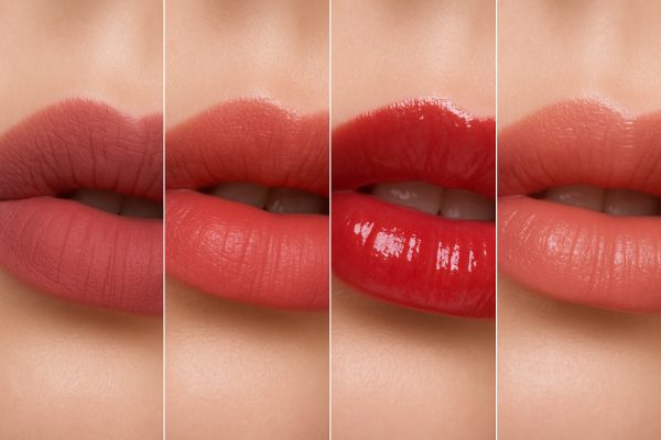 Macro split image of lips with matte, satin, gloss, and cream lipstick finishes, each section highlighting unique texture and shine.