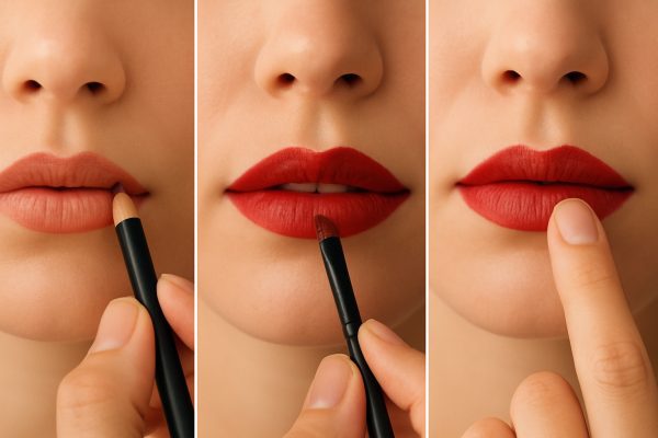 Step-by-step close-up of lips being outlined, filled, and blended using pencil, brush, and finger.