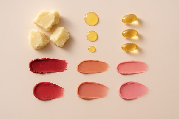 Flat lay of moisturizing lipstick ingredients and lipstick smears on blush or ivory surface, each ingredient visually paired with a color.