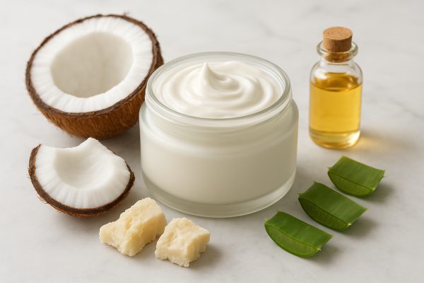 Open jar of creamy curl cream with shea butter, coconut, jojoba oil, and aloe on marble.