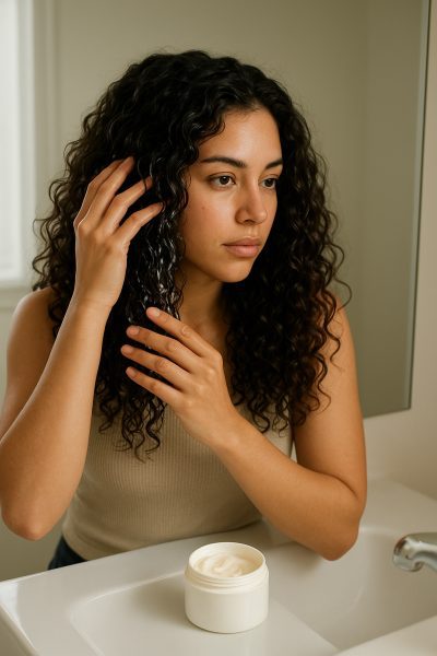 Woman using both hands to apply curl cream to glossy, bouncy hair at the mirror.