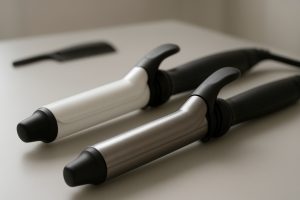 Detailed view of ceramic and titanium curling iron barrels on a clean, pale vanity.