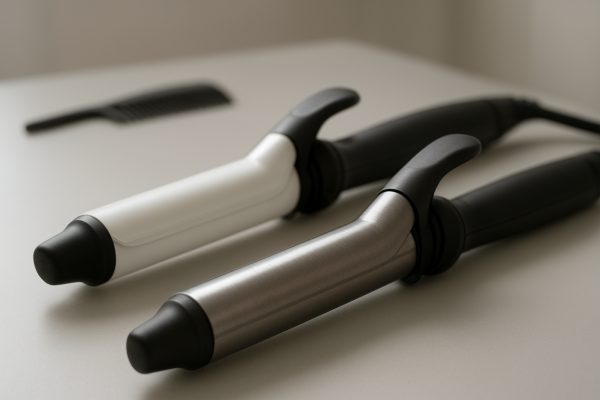 Detailed view of ceramic and titanium curling iron barrels on a clean, pale vanity.