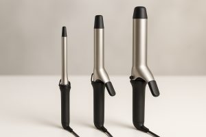 Three curling irons in small, medium, and large barrel sizes on a white tabletop.
