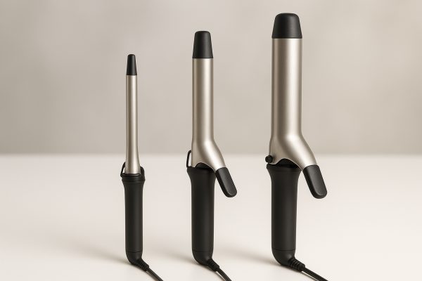 Three curling irons in small, medium, and large barrel sizes on a white tabletop.