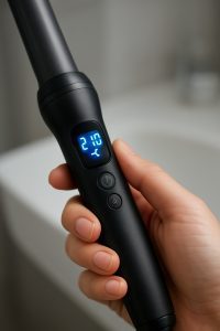 Hand holding a curling iron with a digital temperature display glowing softly.