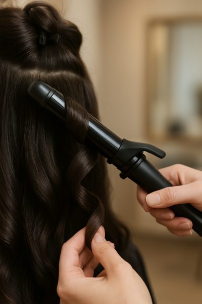 Stylist curling a smooth section of hair, with hands and iron in focus.