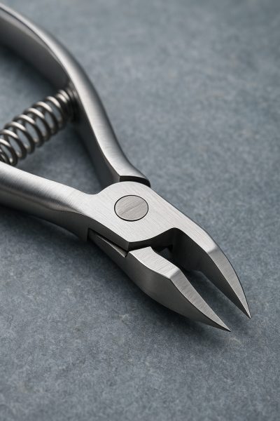 Ultra-close macro of a micro-polished cuticle cutter\u2019s jaw, hinge, and blade details on a stone surface.