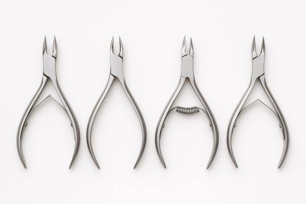 Four stainless steel cuticle nippers with different handles and jaws on a white acrylic surface.