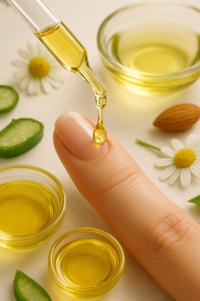 Macro view of golden cuticle oil being applied to a healthy fingernail, surrounded by pure oils and botanicals.