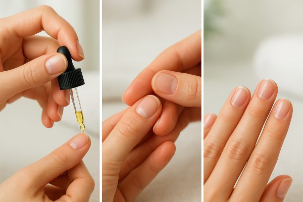 Three-step collage showing cuticle oil being applied, massaged in, and resulting in healthy nails.