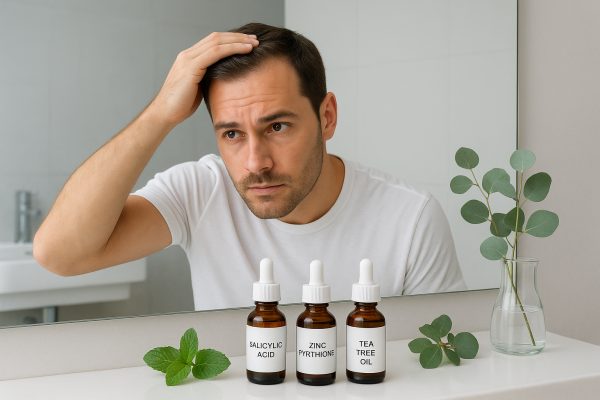 A man inspects his scalp in a bright modern bathroom, with clearly labeled ingredient vials and fresh herbs on the counter.