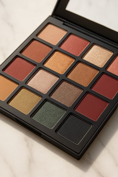 A crisp close-up of an open eyeshadow palette showing matte, satin, shimmer, and metallic shades with visible pigment textures.