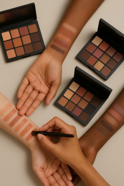 Open palettes and hands of different skin tones displaying eyeshadow swatches and blending techniques.